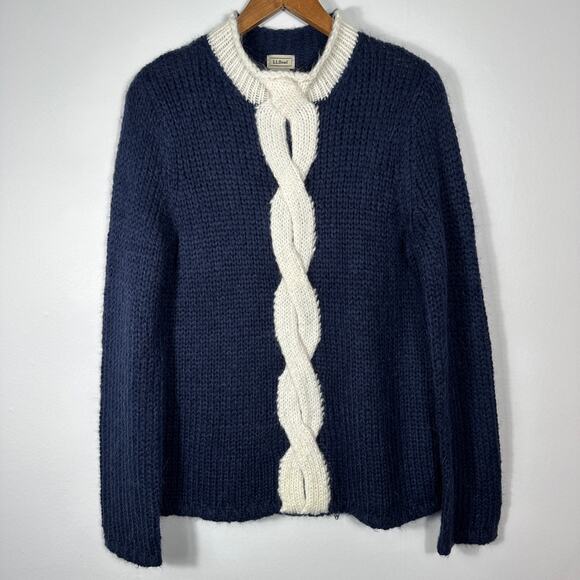 LL Bean Sweater Blue Cream Mohair Wool Cable Knit Roll Neck Twist Size Large - Picture 13 of 13
